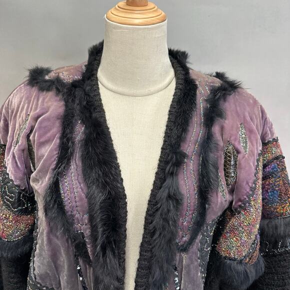 Cache 80s Velvet Beaded Patchwork Faux Fur Trim Cardigan Jacket Mauve Blk Medium - Picture 8 of 16